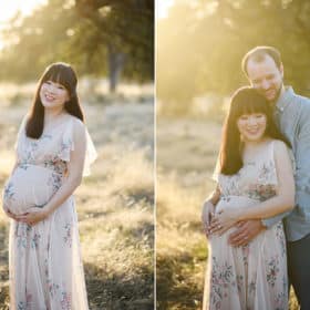 woman holding pregnant belly in the golden light, mom and dad hugging during family photo session