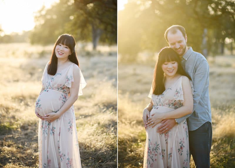 woman holding pregnant belly in the golden light, mom and dad hugging during family photo session