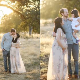 dad and pregnant mom kissing in the sunset, looking at young daughter during family photo session in folsom california