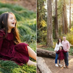young girl laughing while sitting on the forest floor, family of three walking through the forest in davis california