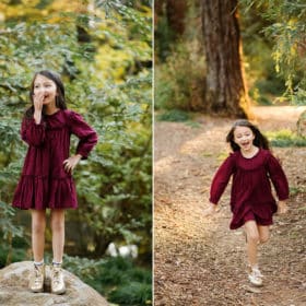 young girl standing on a rock in the forest, running through the trees in davis california