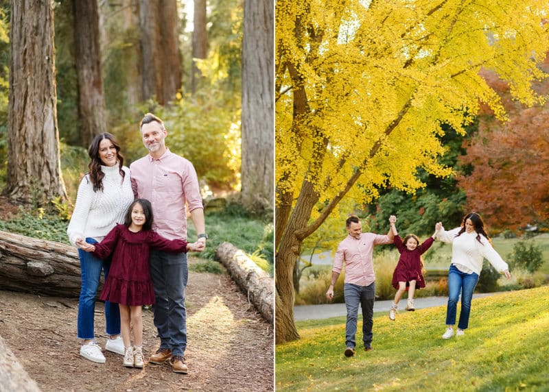 family of three posing in the redwood trees, walking along the grass in fall colors