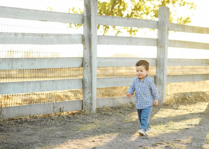 young boy walking along a white fence during fall family photo shoot