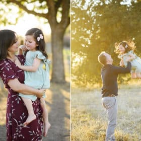 mom holding young daughter, dad swinging young girl during outdoor family photos in sacramento california