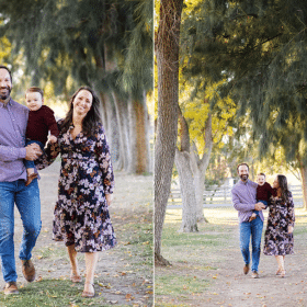 family of three walking a tree-lined path during family photos in elverta california