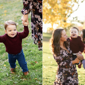 little boy holding mom and dad’s hands, family of three laughing together during fall photos