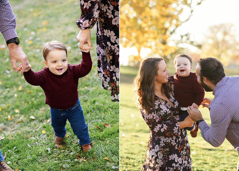 little boy holding mom and dad's hands, family of three laughing together during fall photos