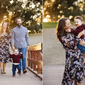 family of three walking along a wooden bridge during fall family photos, mom holding son and laughing