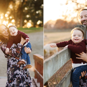 mom and dad holding young son by a fence with animals, mom and son laughing in the sunset