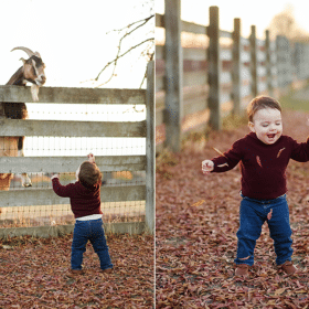 young boy standing by a fence trying to pet a goat, laughing with the camera