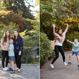 moms posing with young son during fall family photos, mom and son jumping up laughing together