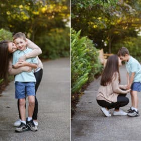 mom kissing son on the cheek, mom and son posing nose to nose on a tree lined path