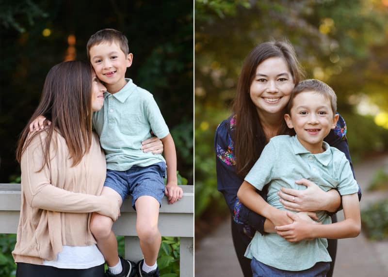 mom snuggling with young son, mom hugging son from behind smiling during fall family photos