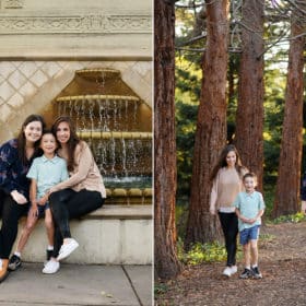 lgbtq+ family sitting in front of a fountain, walking along a redwood forest in berkeley california