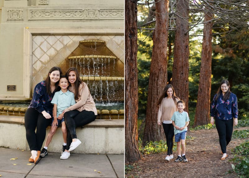 lgbtq+ family sitting in front of a fountain, walking along a redwood forest in berkeley california