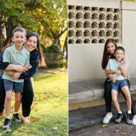 mom snuggling with young son, mom hugging son from behind smiling during fall family photos