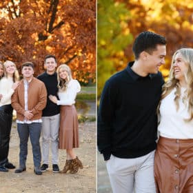 siblings posing together, couple looking at one another in front of fall foliage