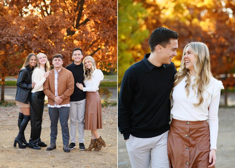 siblings posing together, couple looking at one another in front of fall foliage 