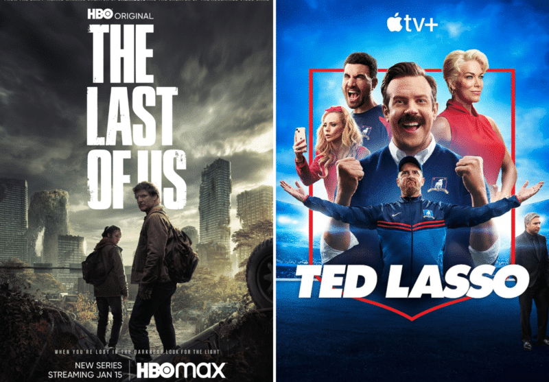 TV posters of The Last Of Us on HBO and Ted Lasso on Apple+