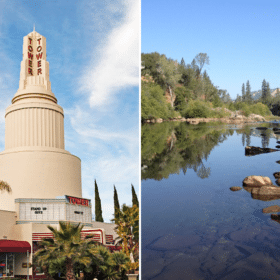 Image of the Tower Theater in Sacramento on the left, Dave Moore Nature Trail in El Dorado County on the right