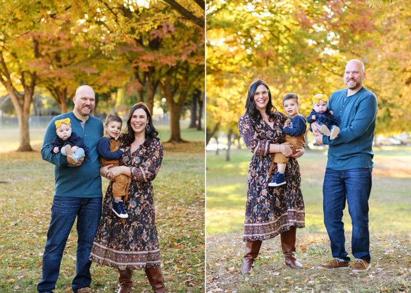 family of four standing in front of fall foliage in sacramento california