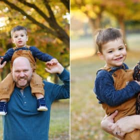 young boy sitting on dad’s shoulders and smiling, mom holding son and smiling during family photos