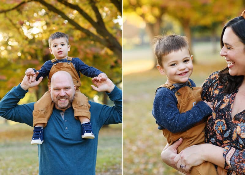 young boy sitting on dad's shoulders and smiling, mom holding son and smiling during family photos