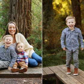 mom with two young boys sitting on a bench in the redwood forest, boy laughing at the camera