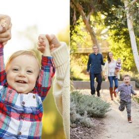baby boy being swung in the air by parents and smiling, young boy running along a path with parents looking on