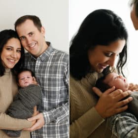 mom and dad holding newborn baby boy in studio session, mom kissing baby on the head