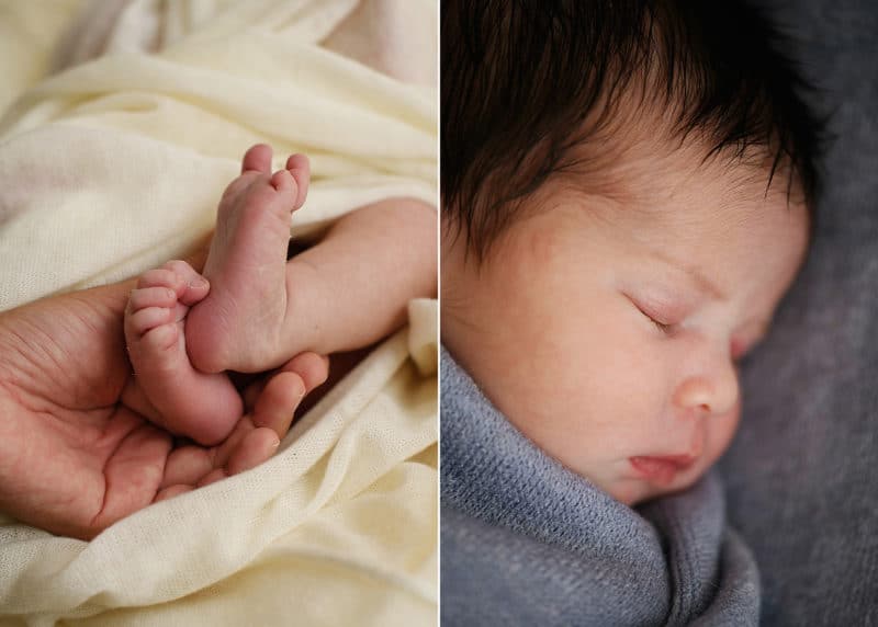 newborn baby boy laying down on a blanket, parents holding baby's feet