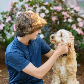 high school boy looking at his dog while dog looks at him during senior portraits
