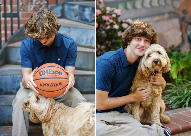 high school senior boy with his dog smiling and goofing off with a basketball