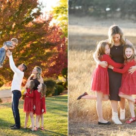 mom hugging two young girls during family photos, dad throwing son into the air with family looking on