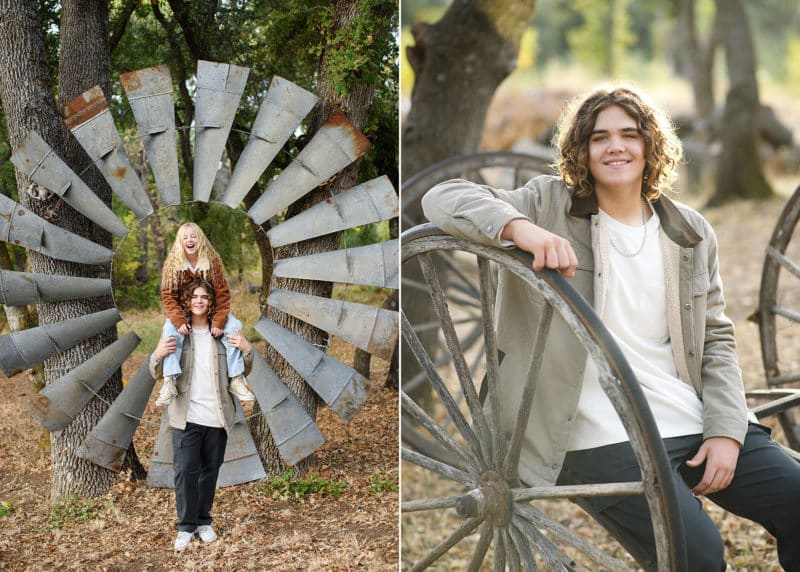 big brother and younger sister making silly faces, senior portraits on the family farm