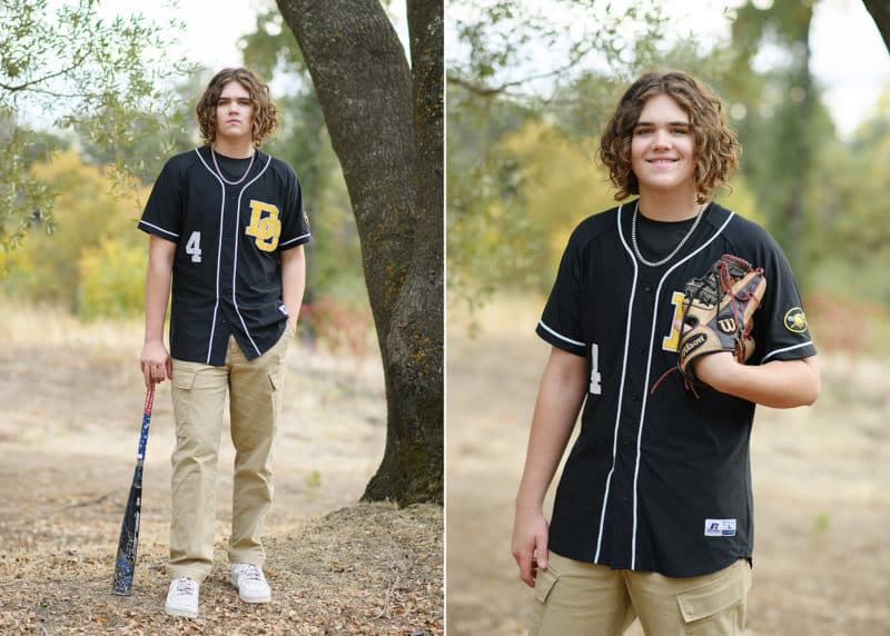 senior portraits for a high school boy in baseball jersey with a bat and glove