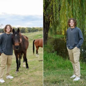 senior boy taking portraits on the family farm with horses