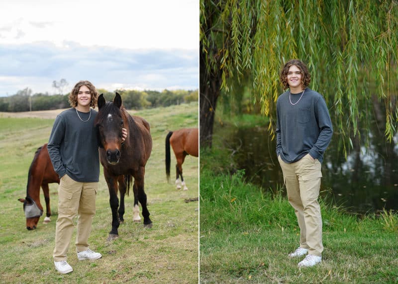 senior boy taking portraits on the family farm with horses 