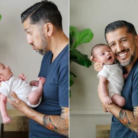 dad holding newborn baby and making funny faces, smiling during at-home photo session
