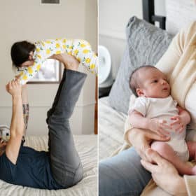 dad holding young girl up on his toes, mom holding newborn baby in bed