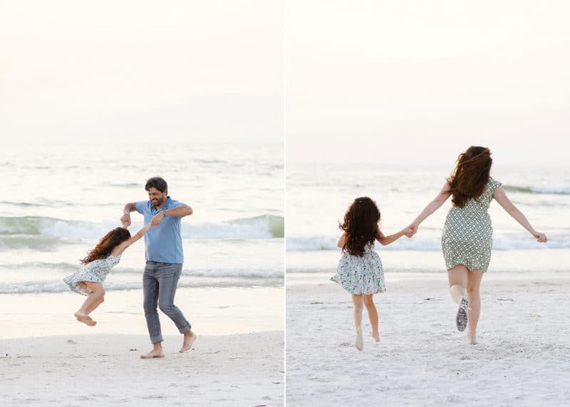sisters holding hands running toward the ocean, dad spinning young girl on the beach in florida
