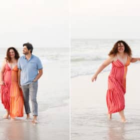 mom and dad walking together on the beach holding hands by the waves, mom dancing in the wind during florida vacation