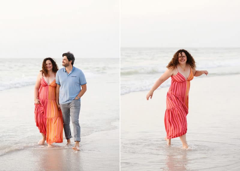 mom and dad walking together on the beach holding hands by the waves, mom dancing in the wind during florida vacation