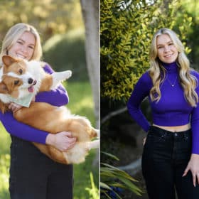 college senior taking pictures in the spring with her corgi