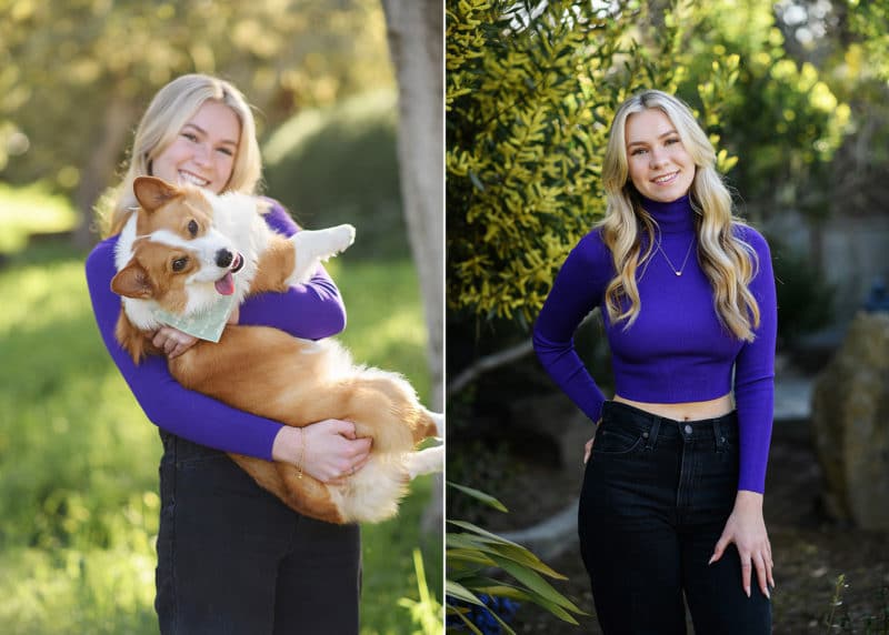 high school senior taking pictures in the spring with her corgi