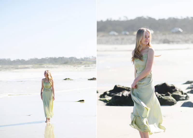 senior high school girl wearing a dress on the beach and walking in carmel california