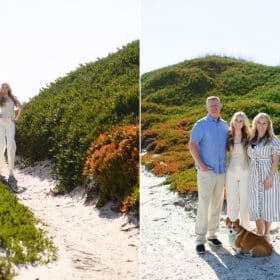 senior in college taking pictures on the beach, smiling with mom and dad in the sand