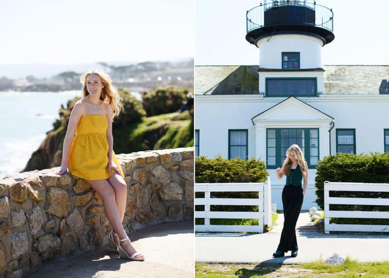 standing in front of a lighthouse, sitting on a stone wall by the beach in carmel california