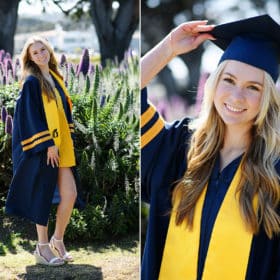 college senior taking photos in the spring flowers by the beach in carmel california