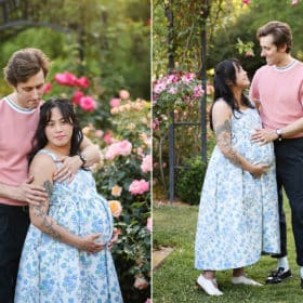 pregnant couple standing in a garden of flowers in sacramento california